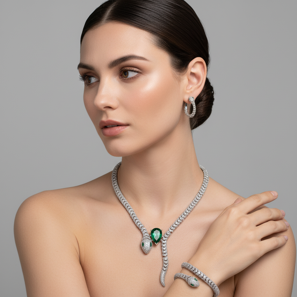 Luxury 14K Gold-Plated Copper Snake Jewelry Set with Zircon and Emerald & Ruby Accents
