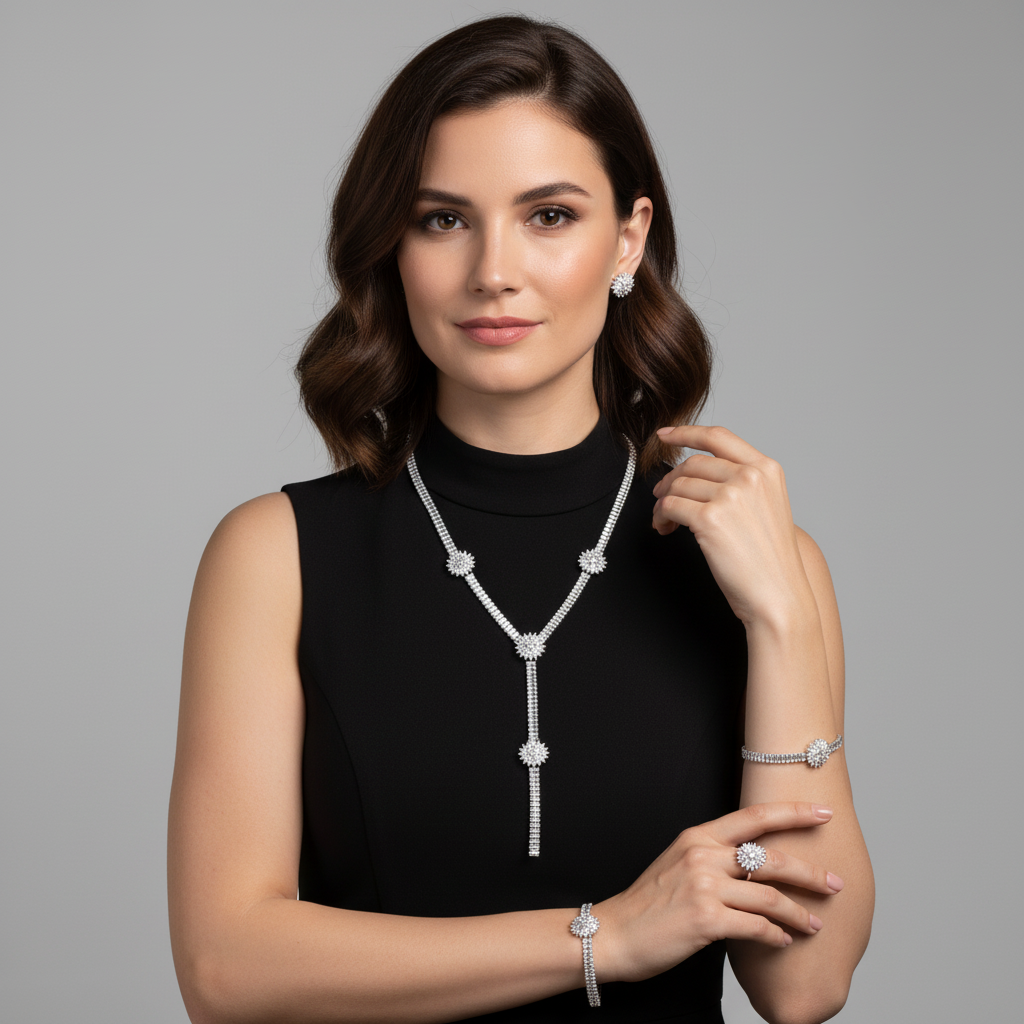 Elegant Rhodium-Plated Copper & CZ Jewelry Set with Emerald Green Accents and Floral Motifs