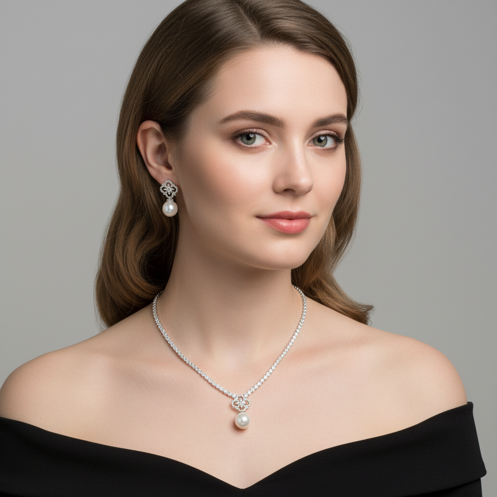 Elegant Rhodium-Plated Copper & CZ Jewelry Set with Red Gemstone Cross and Pearl Drops