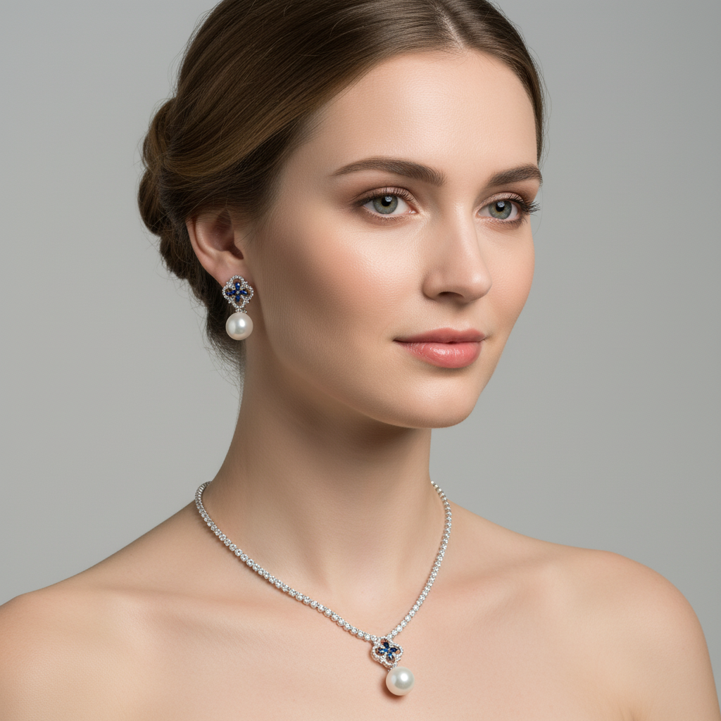 Elegant Rhodium-Plated Copper & CZ Jewelry Set with Red Gemstone Cross and Pearl Drops