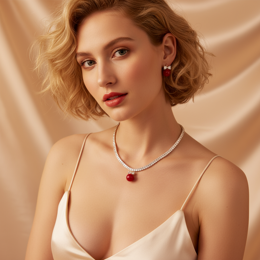 14K Gold-Plated Copper & CZ Jewelry Set with Red Bead Accents and Necklace & Earrings