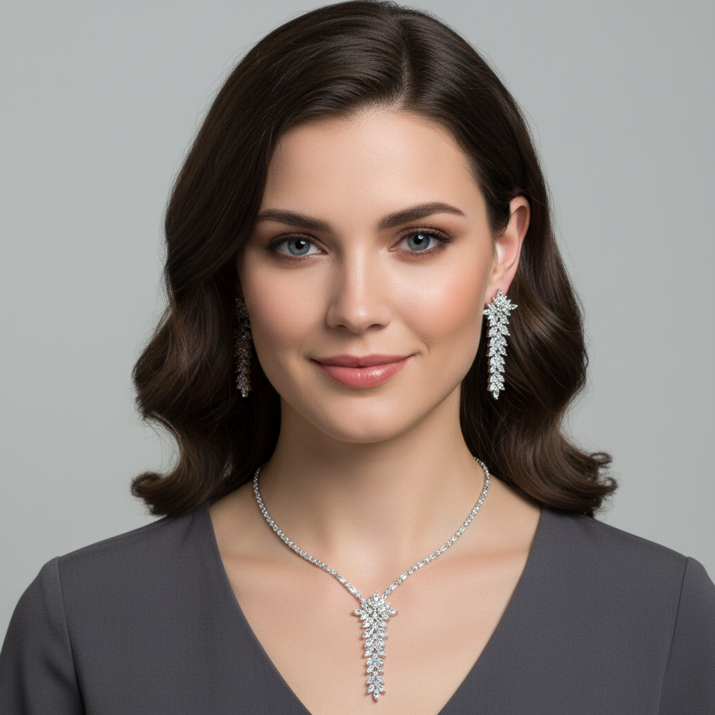 Elegant 14K Gold-Plated Copper & CZ Floral Jewelry Set with Delicate Chain and Matching Earrings