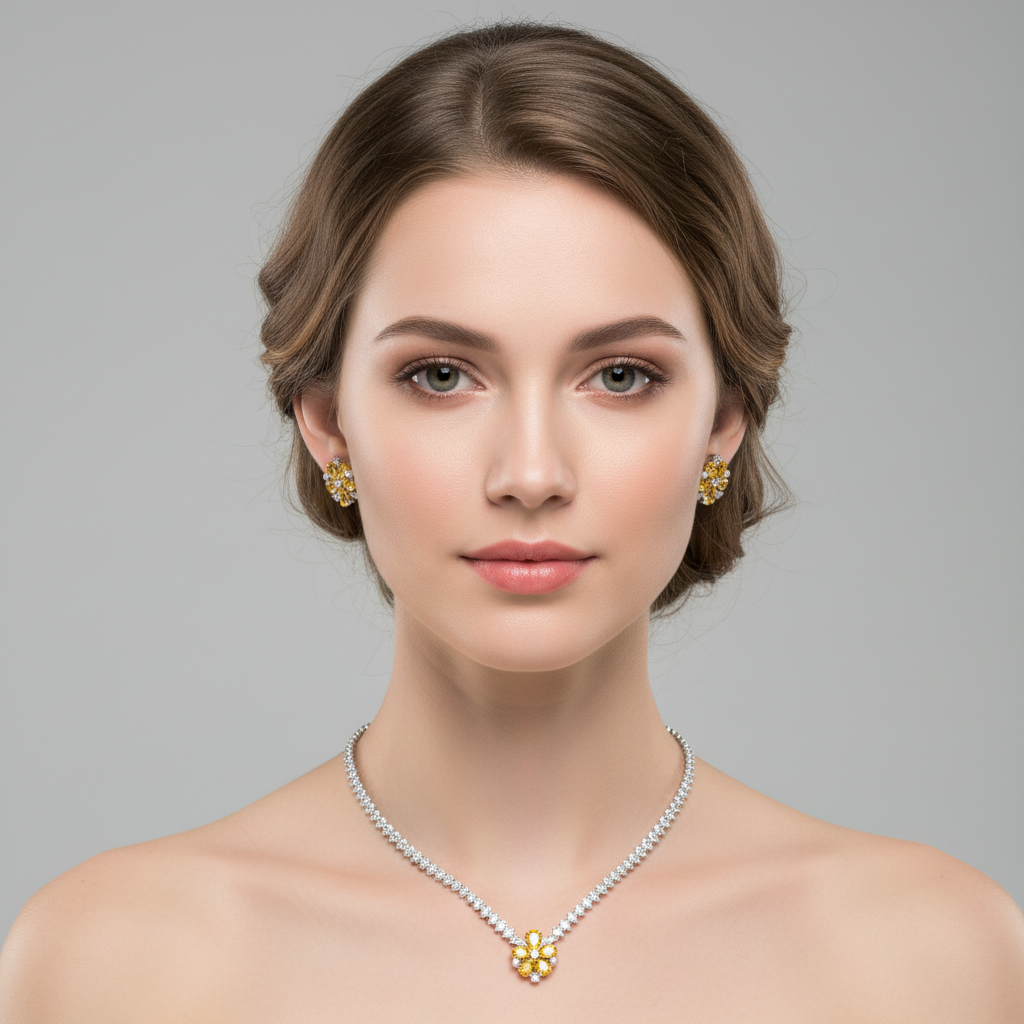 Elegant Rhodium-Plated Copper Zircon Jewelry Set with Floral Green Gemstone Center and Micro-Pave Detailing