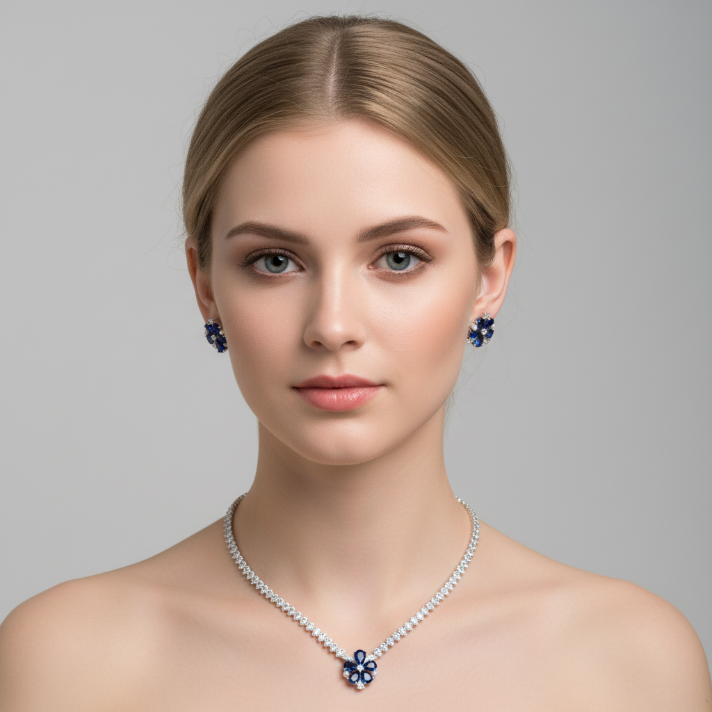Elegant Rhodium-Plated Copper Zircon Jewelry Set with Floral Green Gemstone Center and Micro-Pave Detailing