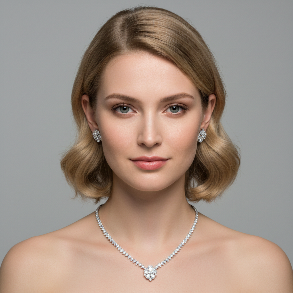 Elegant Rhodium-Plated Copper Zircon Jewelry Set with Floral Green Gemstone Center and Micro-Pave Detailing