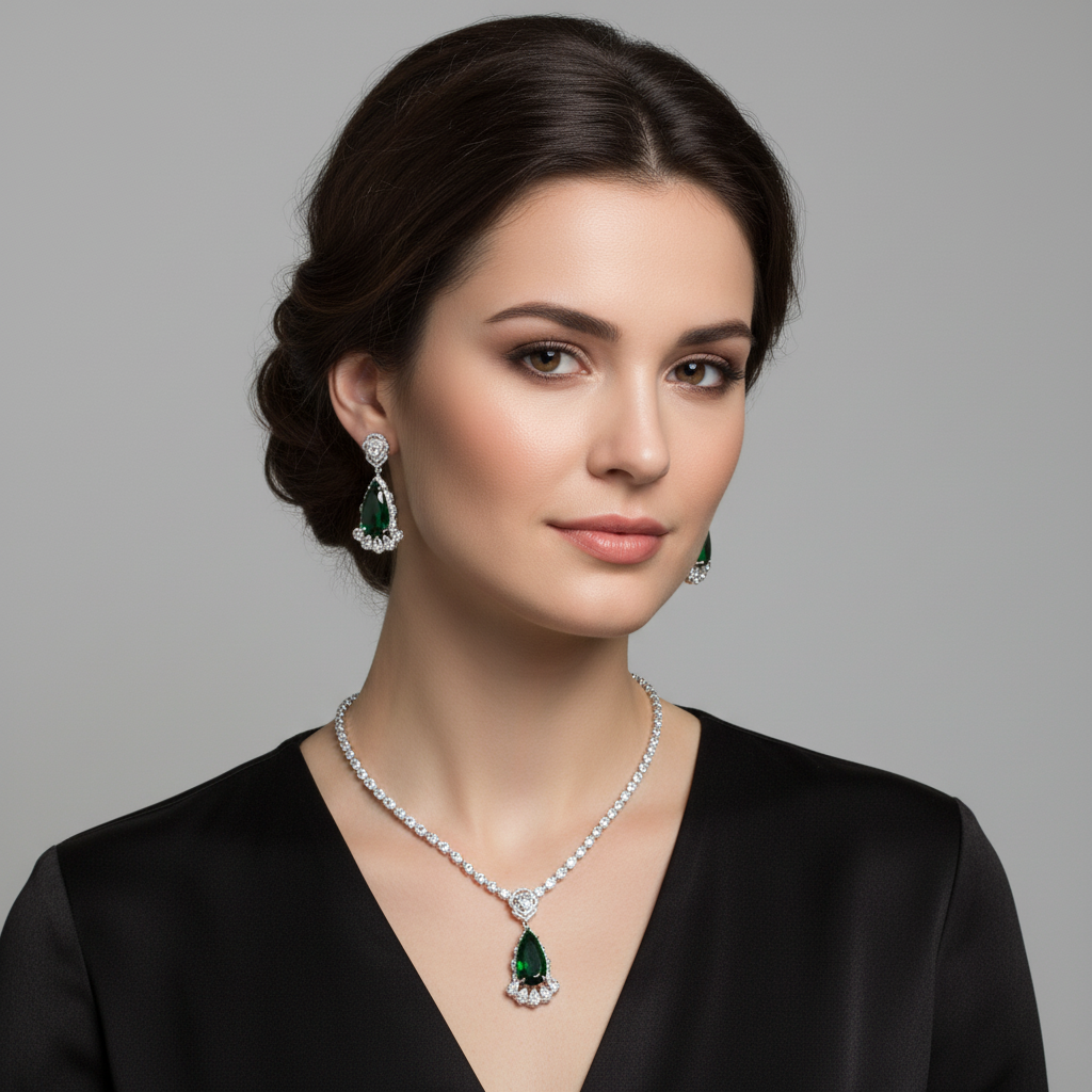 Elegant Rhodium-Plated Copper & CZ Jewelry Set with Pear-Shaped Amethyst Pendant and Matching Teardrop Earrings