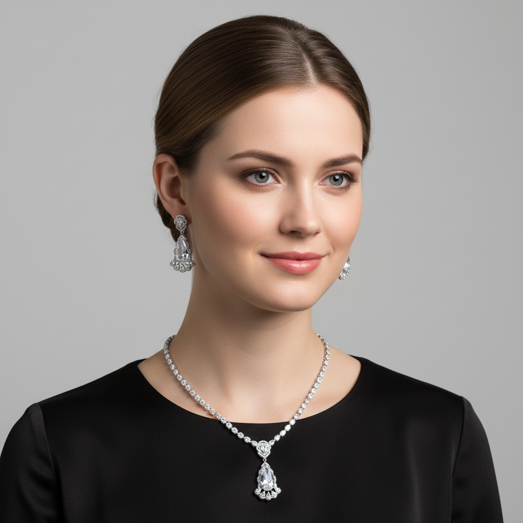 Elegant Rhodium-Plated Copper & CZ Jewelry Set with Pear-Shaped Amethyst Pendant and Matching Teardrop Earrings