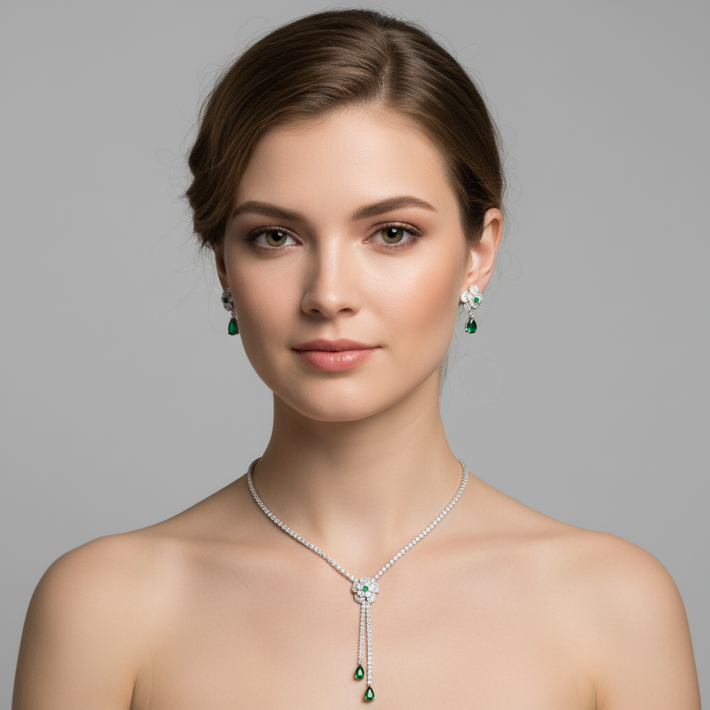 Elegant Rhodium-Plated Copper Zircon Jewelry Set with Floral Red Gemstone Accents and Detachable Drops