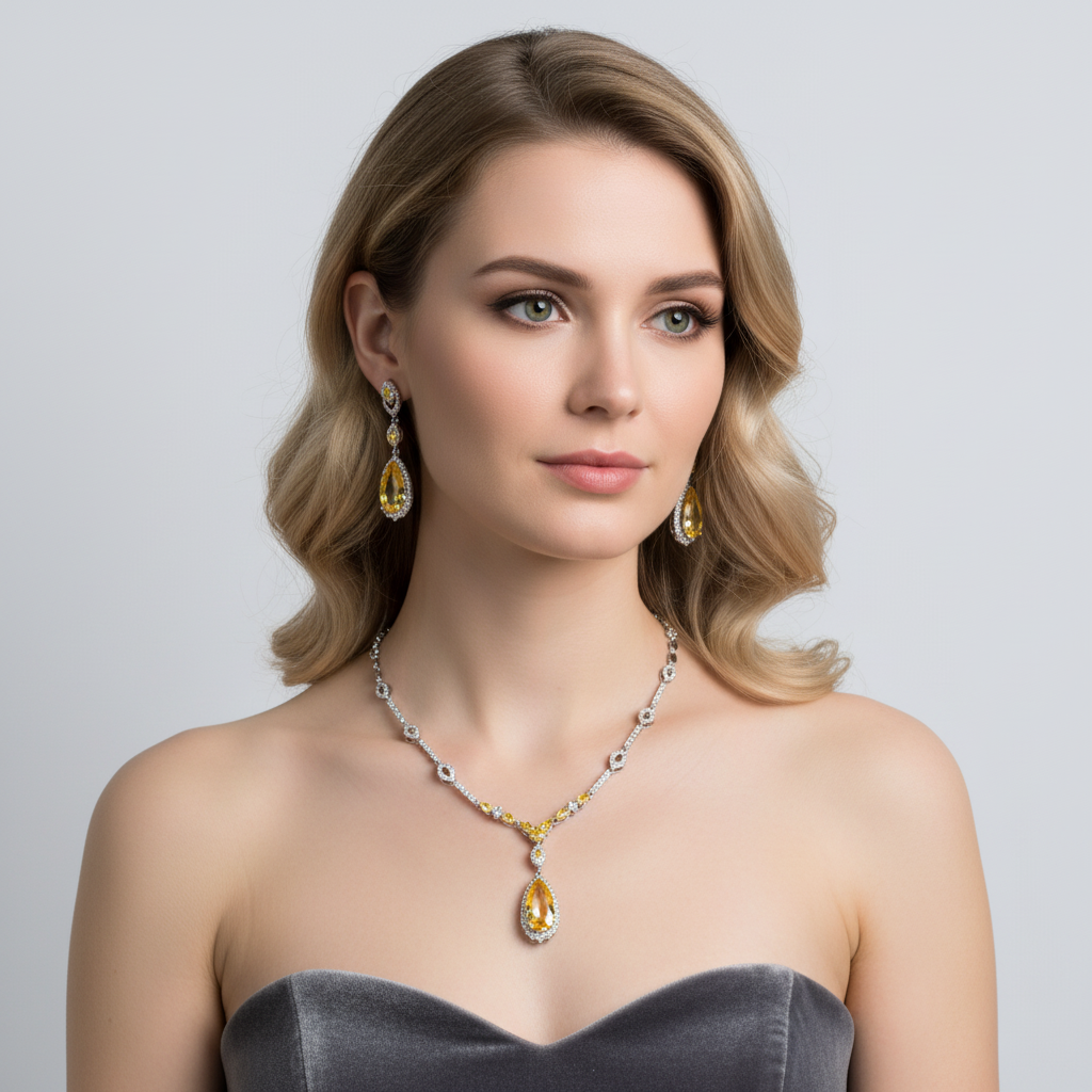 Elegant Rhodium-Plated Copper & CZ Jewelry Set with Pear-Shaped Red Crystal Pendant and Matching Teardrop Earrings