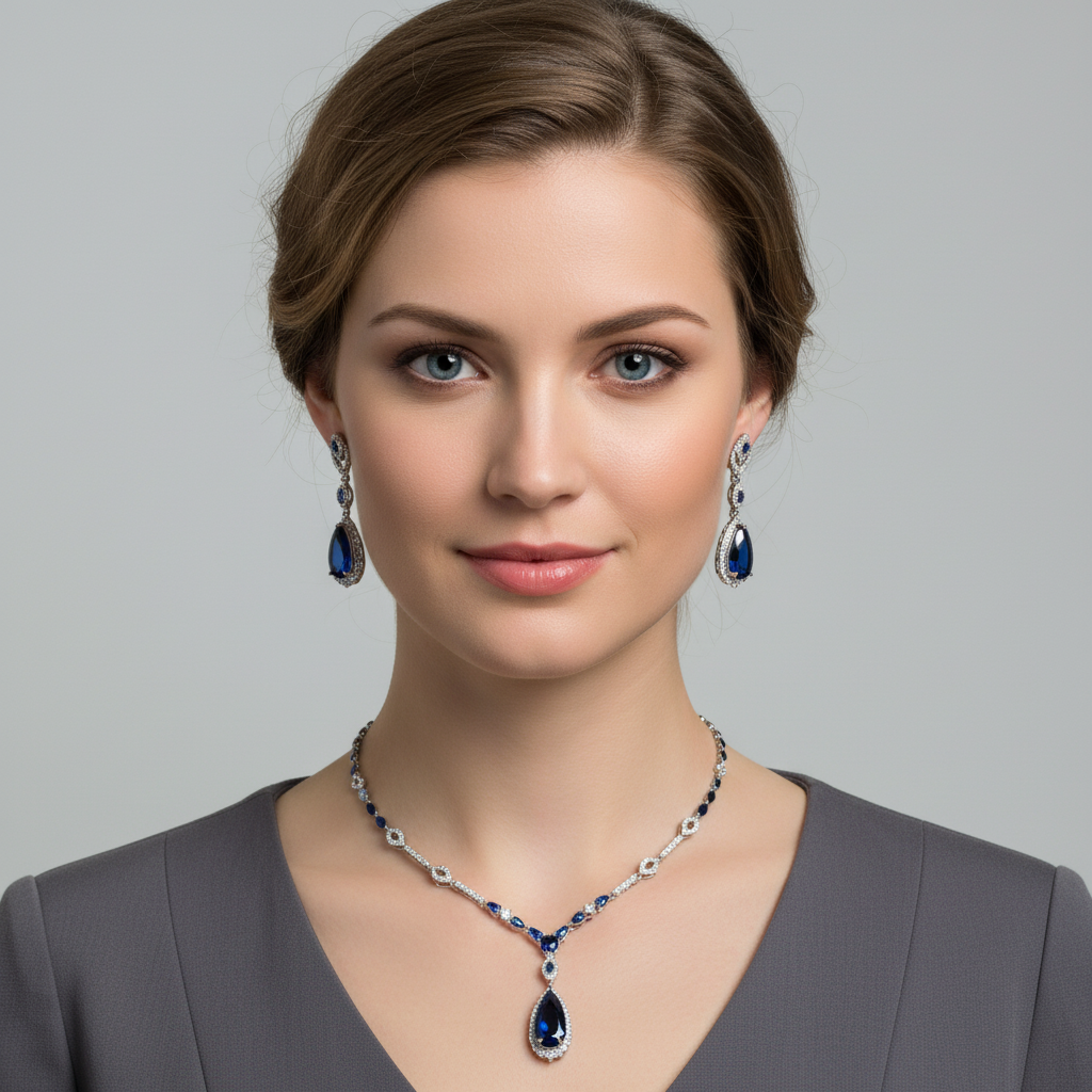 Elegant Rhodium-Plated Copper & CZ Jewelry Set with Pear-Shaped Red Crystal Pendant and Matching Teardrop Earrings