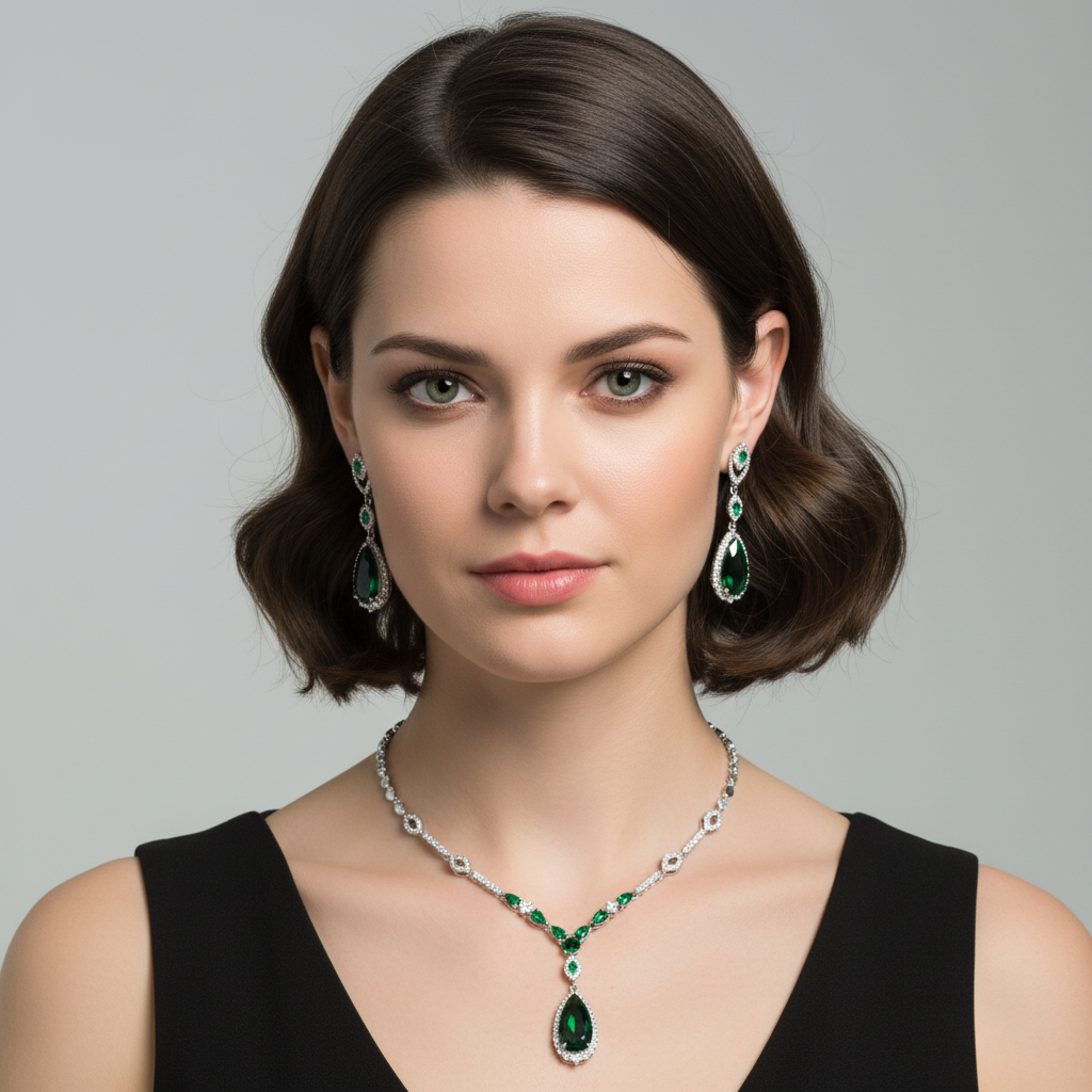 Elegant Rhodium-Plated Copper & CZ Jewelry Set with Pear-Shaped Red Crystal Pendant and Matching Teardrop Earrings