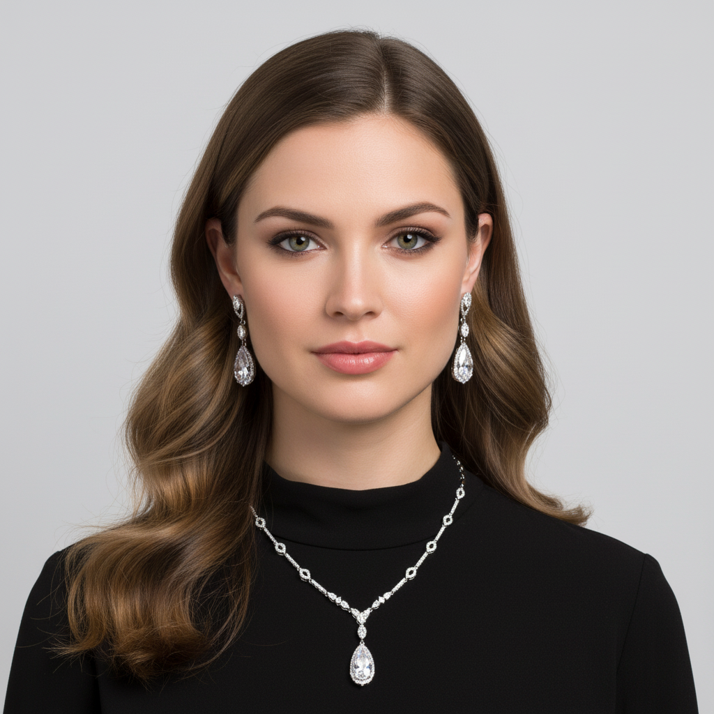 Elegant Rhodium-Plated Copper & CZ Jewelry Set with Pear-Shaped Red Crystal Pendant and Matching Teardrop Earrings