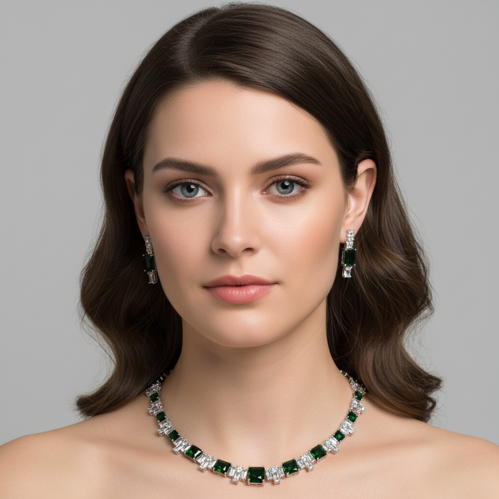 Elegant Rhodium-Plated Copper Zircon Jewelry Set with Red & Clear CZ Geometric Patterns
