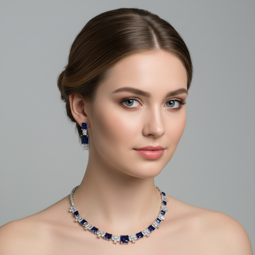 Elegant Rhodium-Plated Copper Zircon Jewelry Set with Red & Clear CZ Geometric Patterns