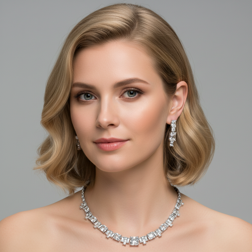 Elegant Rhodium-Plated Copper Zircon Jewelry Set with Red & Clear CZ Geometric Patterns