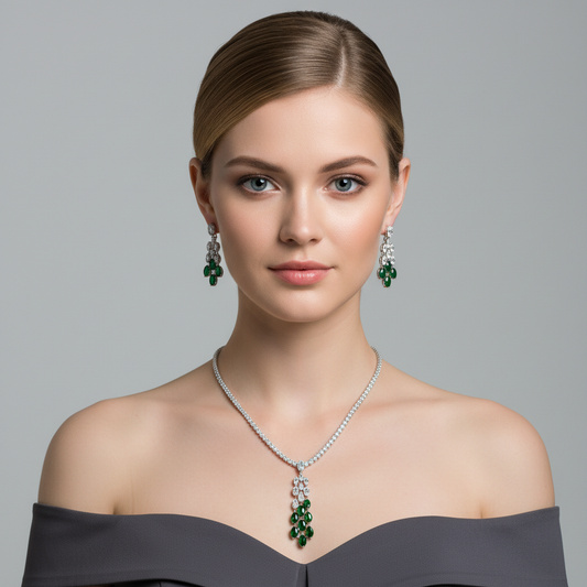 Elegant Rhodium-Plated Copper & CZ Floral Jewelry Set with Emerald Green Gemstone Blooms