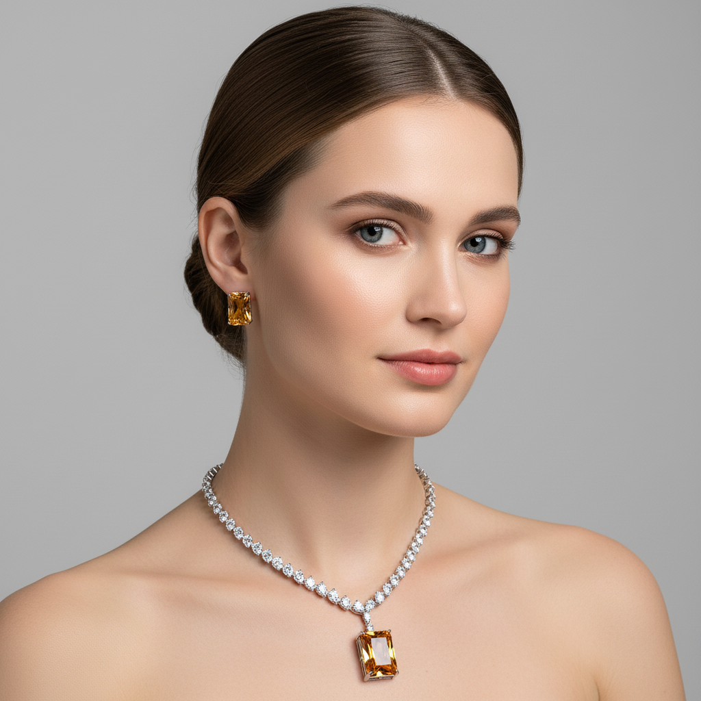 Elegant Rhodium-Plated Copper & Zircon Jewelry Set with Red Rectangular Gemstone Pendant and Matching Earrings