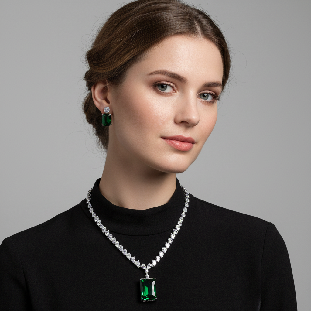 Elegant Rhodium-Plated Copper & Zircon Jewelry Set with Red Rectangular Gemstone Pendant and Matching Earrings