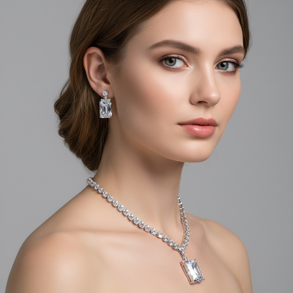Elegant Rhodium-Plated Copper & Zircon Jewelry Set with Red Rectangular Gemstone Pendant and Matching Earrings