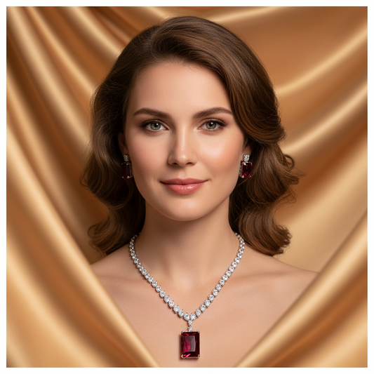 Elegant Rhodium-Plated Copper & Zircon Jewelry Set with Red Rectangular Gemstone Pendant and Matching Earrings
