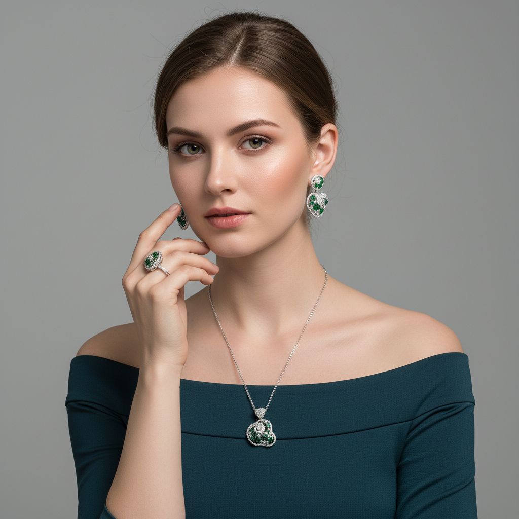 Elegant Rhodium-Plated Copper & CZ Heart Set with Fiery Orange-Red Zircon Accents and 4-Piece Matching Collection