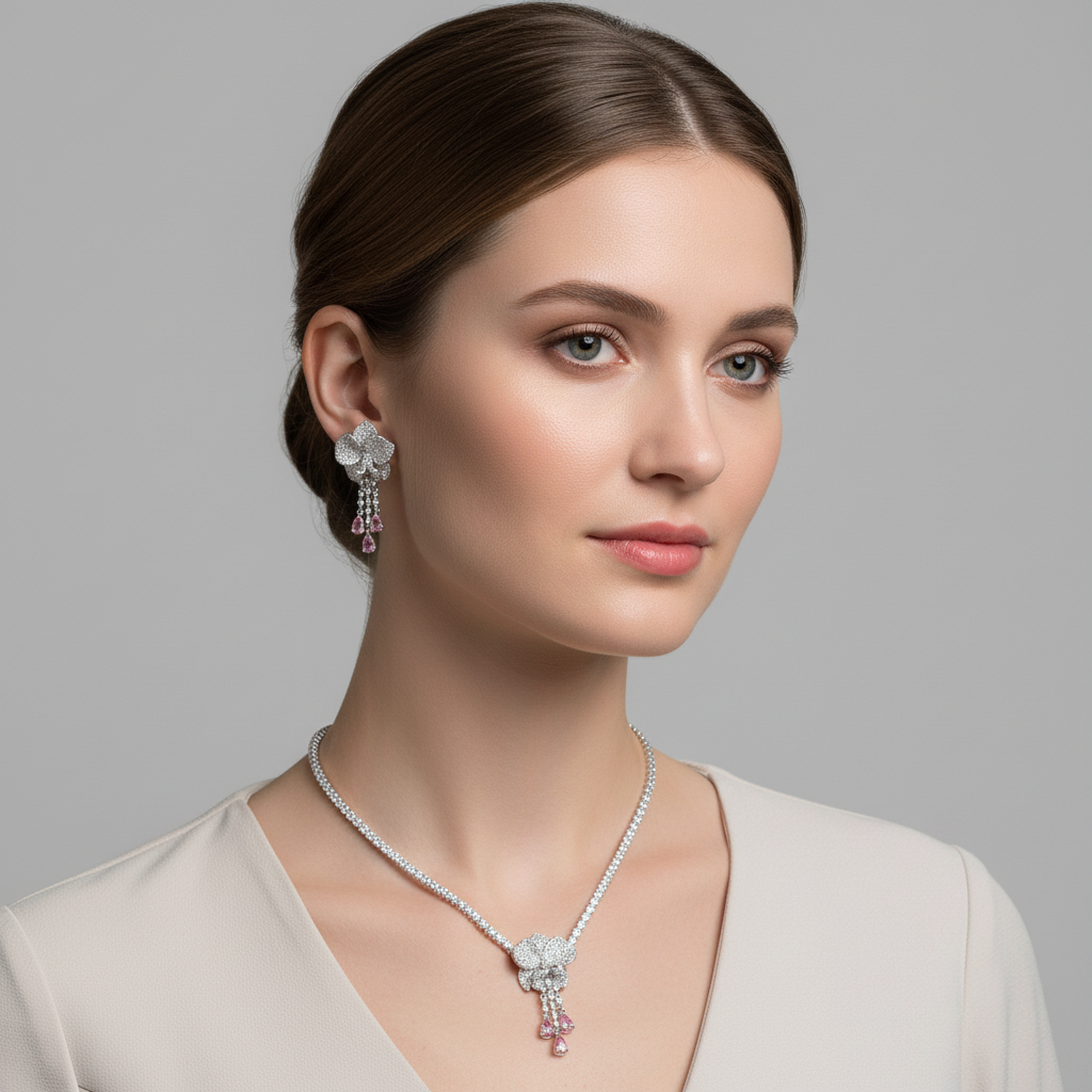 Elegant Rhodium-Plated Copper Floral Jewelry Set with Red Gemstone Accents and Micro-Pave Detailing