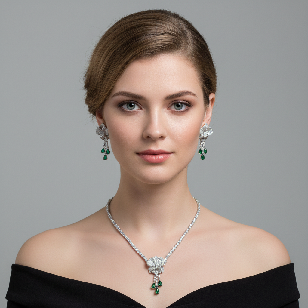 Elegant Rhodium-Plated Copper Floral Jewelry Set with Red Gemstone Accents and Micro-Pave Detailing