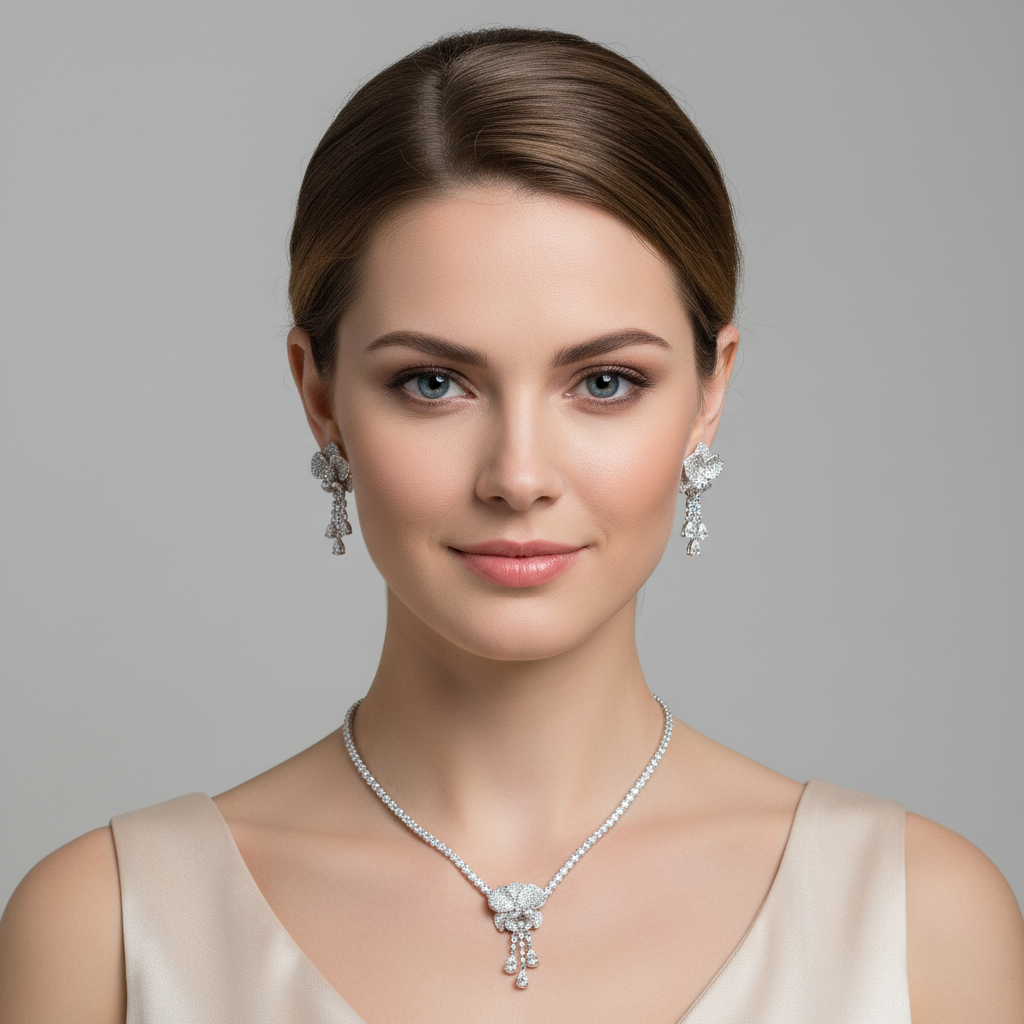 Elegant Rhodium-Plated Copper Floral Jewelry Set with Red Gemstone Accents and Micro-Pave Detailing