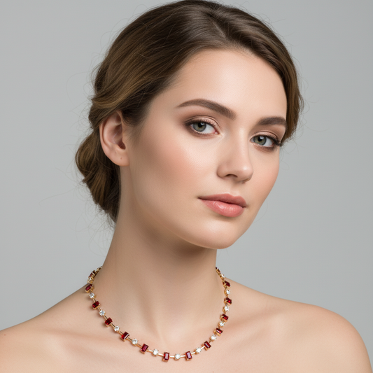 Adjustable Green Gemstone & Zircon Copper Choker Necklace with Square-Cut Accents