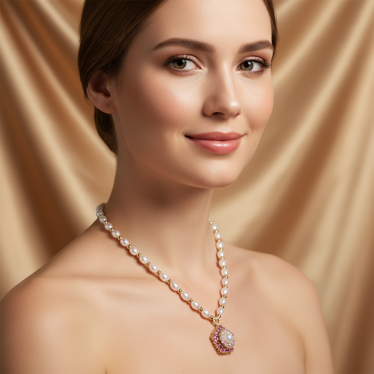Floral Pearl & Copper Zircon Statement Necklace with Pink Gem Accents