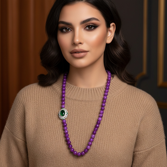 Regal Amethyst Bead Necklace with Ornate Copper Clasp and Green Zircon Centerpiece