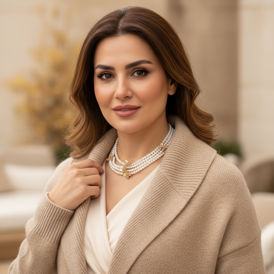 Triple-Layer Pearl Necklace with 14K Gold-Tone Copper Butterfly Charms & Multicolor CZ Accents