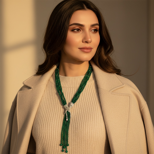 Natural Green Beaded Statement Necklace with Intricate Silver-Tone Zircon Bow Pendant and Cascading Accents