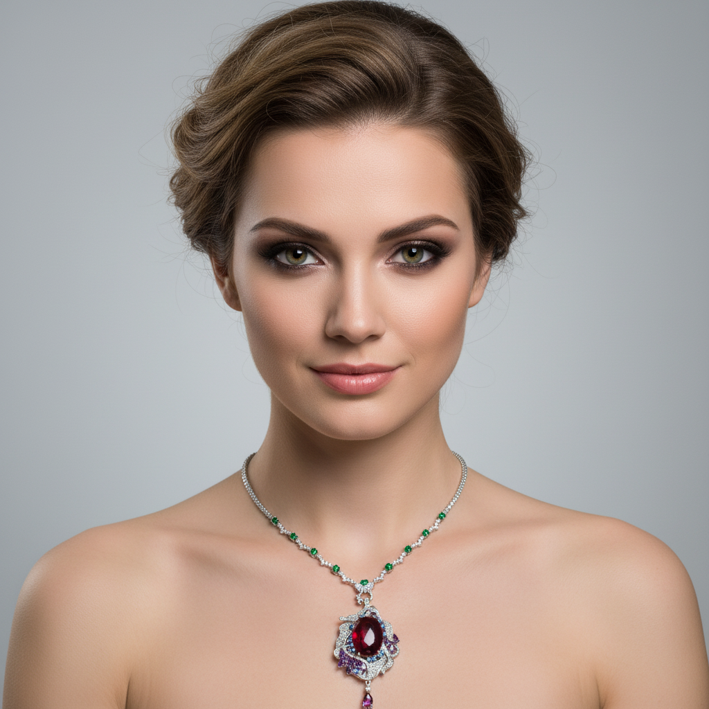 Vintage-Inspired Green Zircon & Purple Gemstone Copper Statement Necklace with Elaborate Pendant