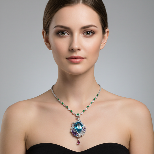 Vintage-Inspired Green Zircon & Purple Gemstone Copper Statement Necklace with Elaborate Pendant