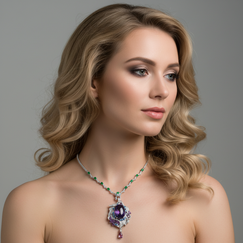 Vintage-Inspired Green Zircon & Purple Gemstone Copper Statement Necklace with Elaborate Pendant