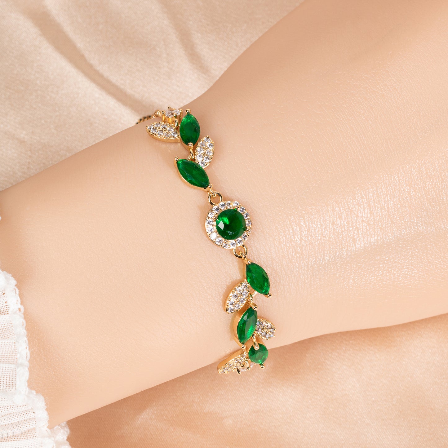 Nature-Inspired Leaf & Berry Copper Bracelet with Green/White Zircon Accents & Adjustable Chain