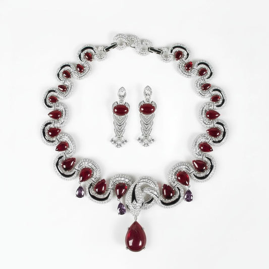 Vintage Style Rhodium Plated Zirconia & Red Crystal Jewelry Set, Necklace and Earrings