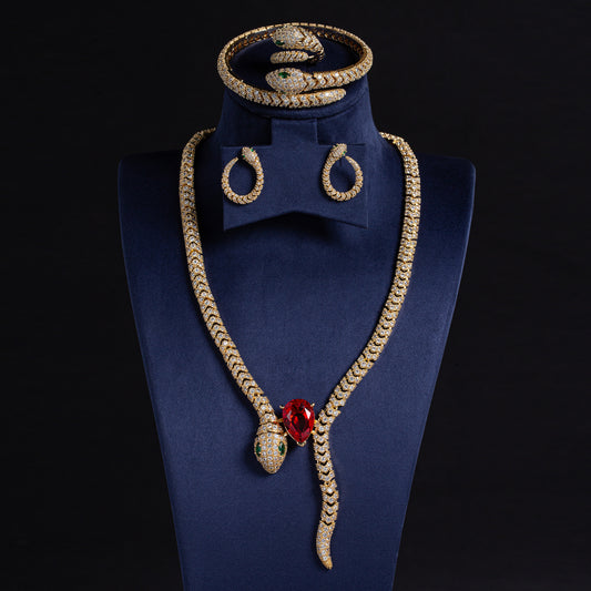 Luxury 14K Gold-Plated Copper Snake Jewelry Set with Zircon and Emerald & Ruby Accents