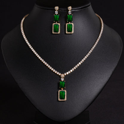 Luxury 14K Gold-Plated Copper CZ Necklace & Earrings Set with Emerald Green Centerpiece and Diamond-Cut Accents
