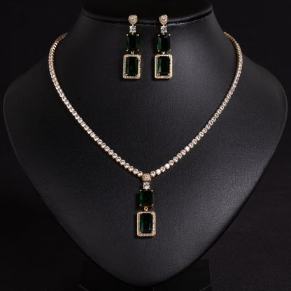 Luxury 14K Gold-Plated Copper CZ Necklace & Earrings Set with Emerald Green Centerpiece and Diamond-Cut Accents