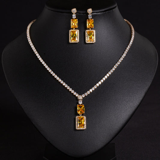 Luxury 14K Gold-Plated Copper CZ Necklace & Earrings Set with Emerald Green Centerpiece and Diamond-Cut Accents