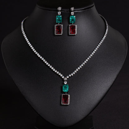 Luxury 14K Gold-Plated Copper CZ Necklace & Earrings Set with Emerald Green Centerpiece and Diamond-Cut Accents