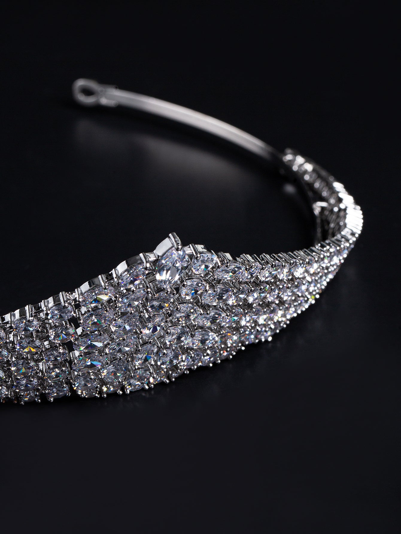Regal Rhodium-Plated Copper Tiara with Multi-Cut Cubic Zirconia & Floral-Inspired Architecture for Bridal Elegance & Formal Galas