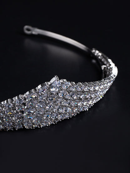 Regal Rhodium-Plated Copper Tiara with Multi-Cut Cubic Zirconia & Floral-Inspired Architecture for Bridal Elegance & Formal Galas