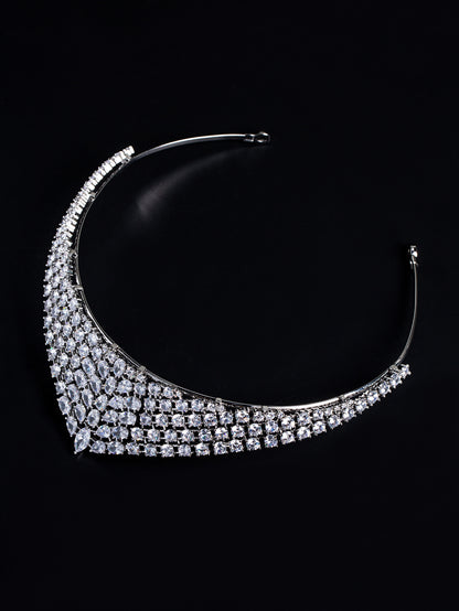 Regal Rhodium-Plated Copper Tiara with Multi-Cut Cubic Zirconia & Floral-Inspired Architecture for Bridal Elegance & Formal Galas