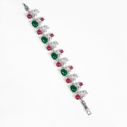 Elegant Rhodium-Plated Copper Bracelet with Multi-Color Zircon Floral Inlay and Secure Lobster Clasp