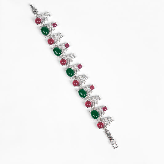 Elegant Rhodium-Plated Copper Bracelet with Multi-Color Zircon Floral Inlay and Secure Lobster Clasp