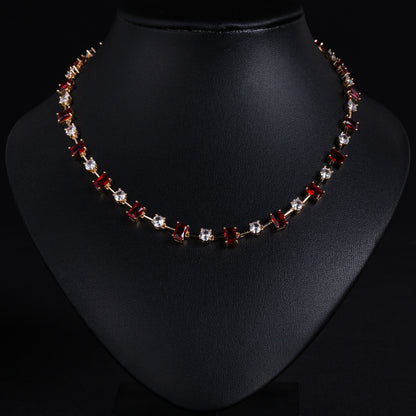 Adjustable Green Gemstone & Zircon Copper Choker Necklace with Square-Cut Accents