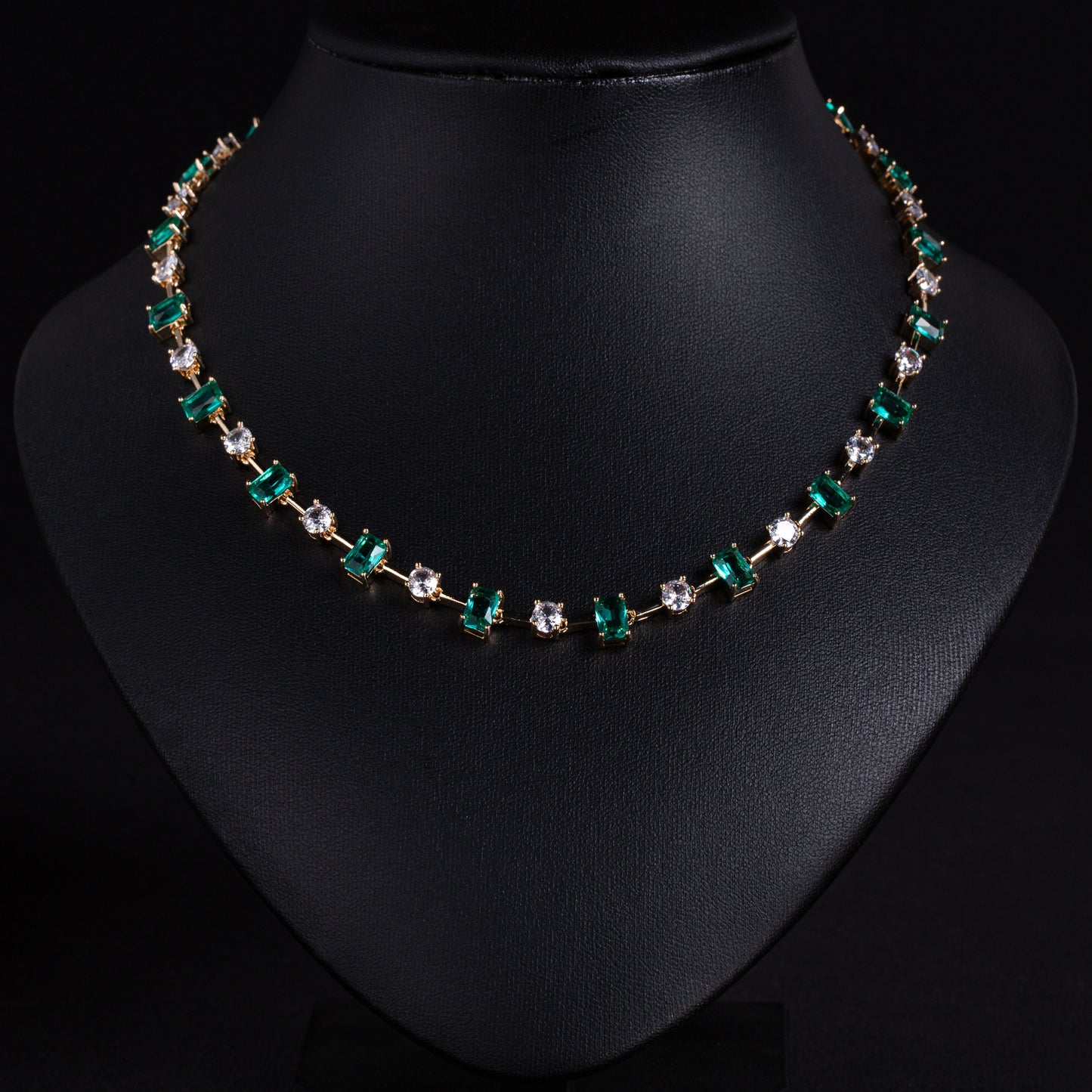 Adjustable Green Gemstone & Zircon Copper Choker Necklace with Square-Cut Accents